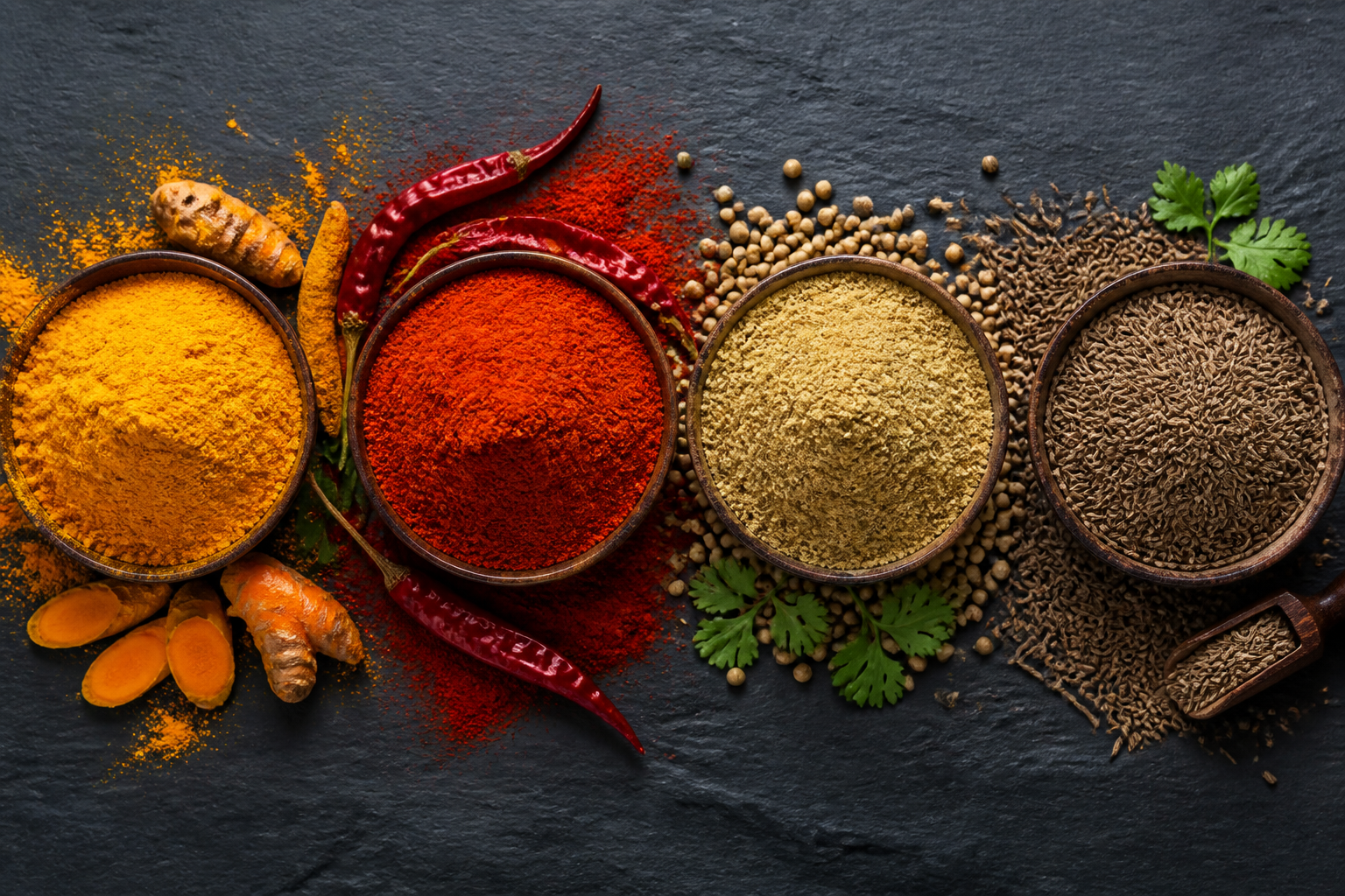 Basic spices including turmeric, chilli, coriander and cumin